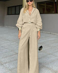 Spring Casual Khaki Cotton Linen Set for Women