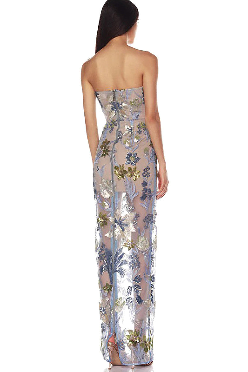 Elegant Embroidered Sequin Flower Strapless Dress