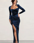 Elegant Long Sleeve Velvet Dress with Slit