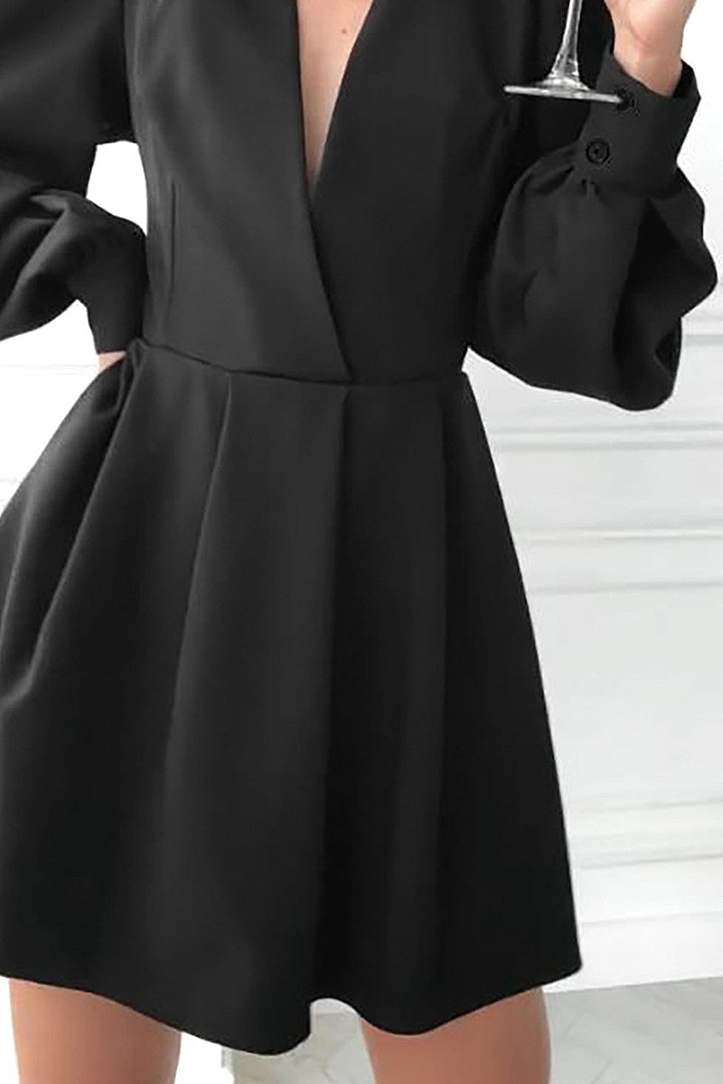 French Style Elegant Black V-Neck Dress for Women