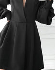 French Style Elegant Black V-Neck Dress for Women