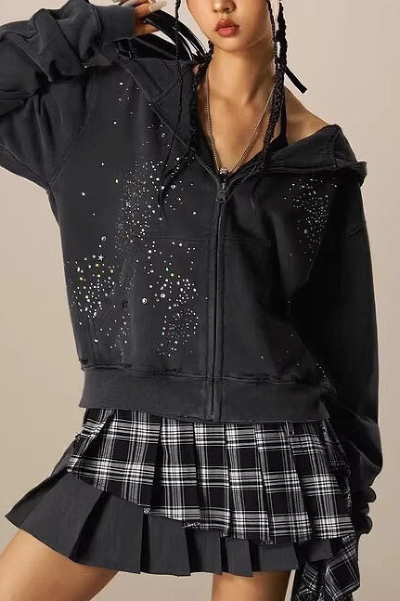 Trendy Loose-Fit Zip-Up Hoodie with Rhinestones
