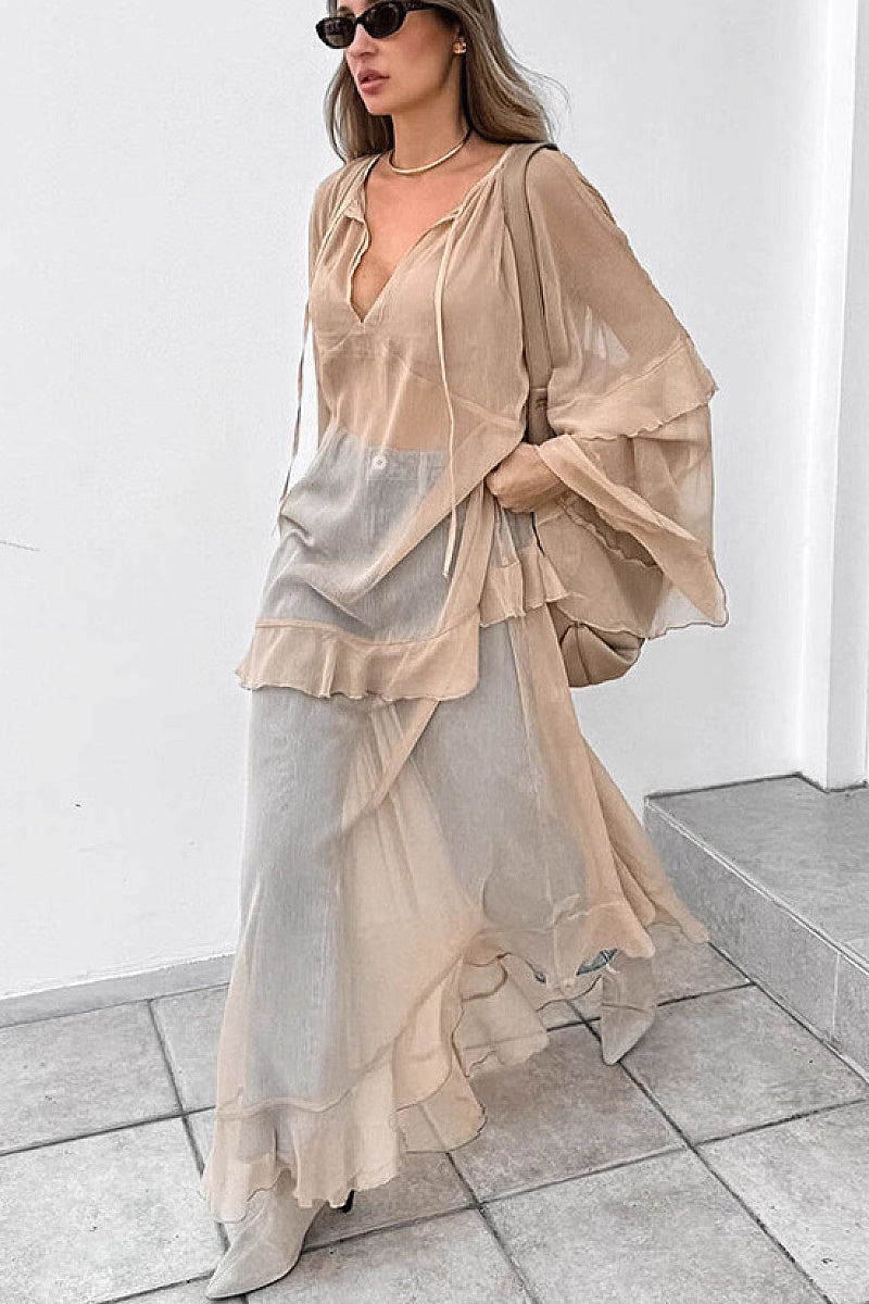 Khaki Ruffle Sleeve Maxi Dress for Spring and Summer
