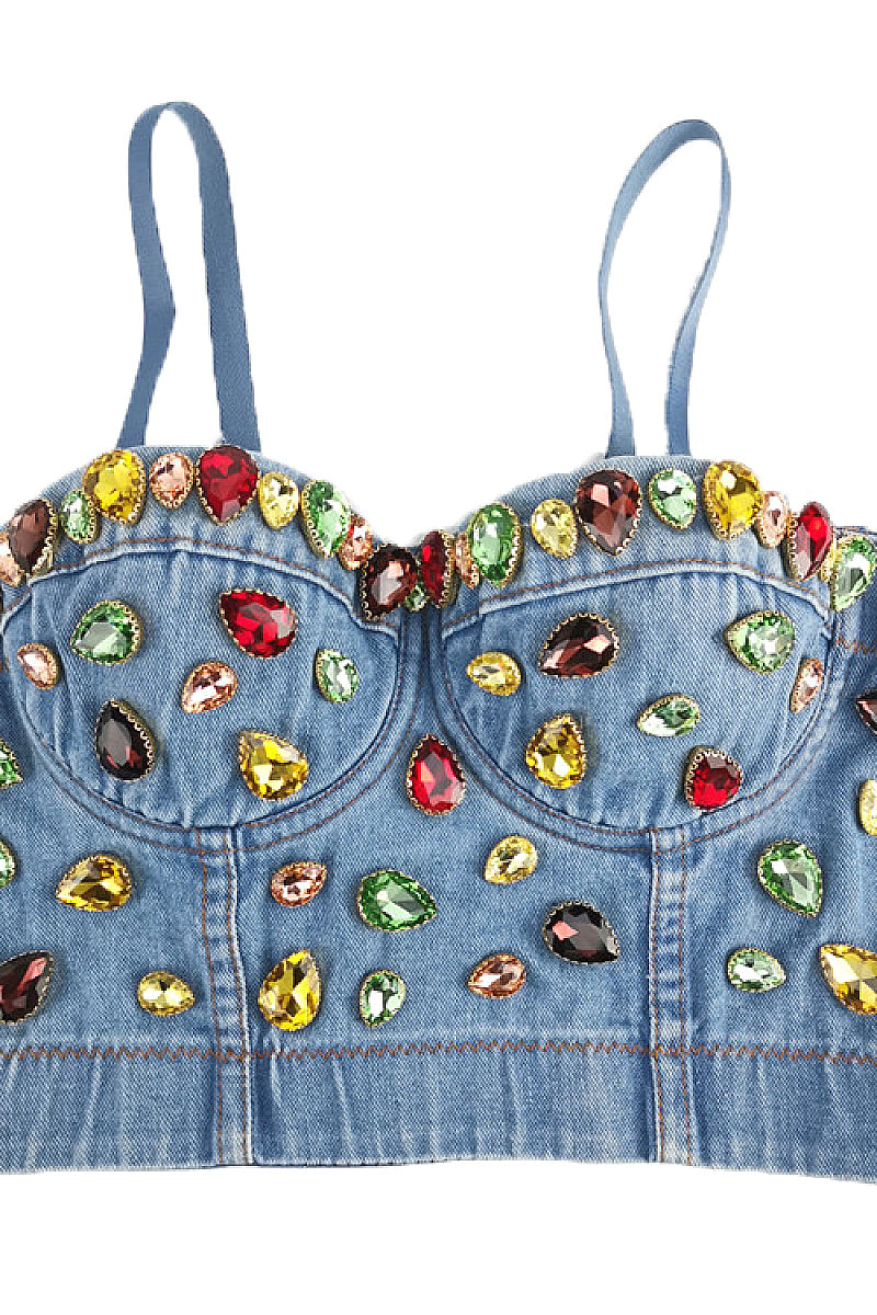 Youthful Denim Crop Top with Rhinestones