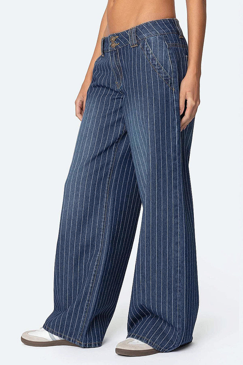 Blue Striped Loose Fit Wide Leg Jeans