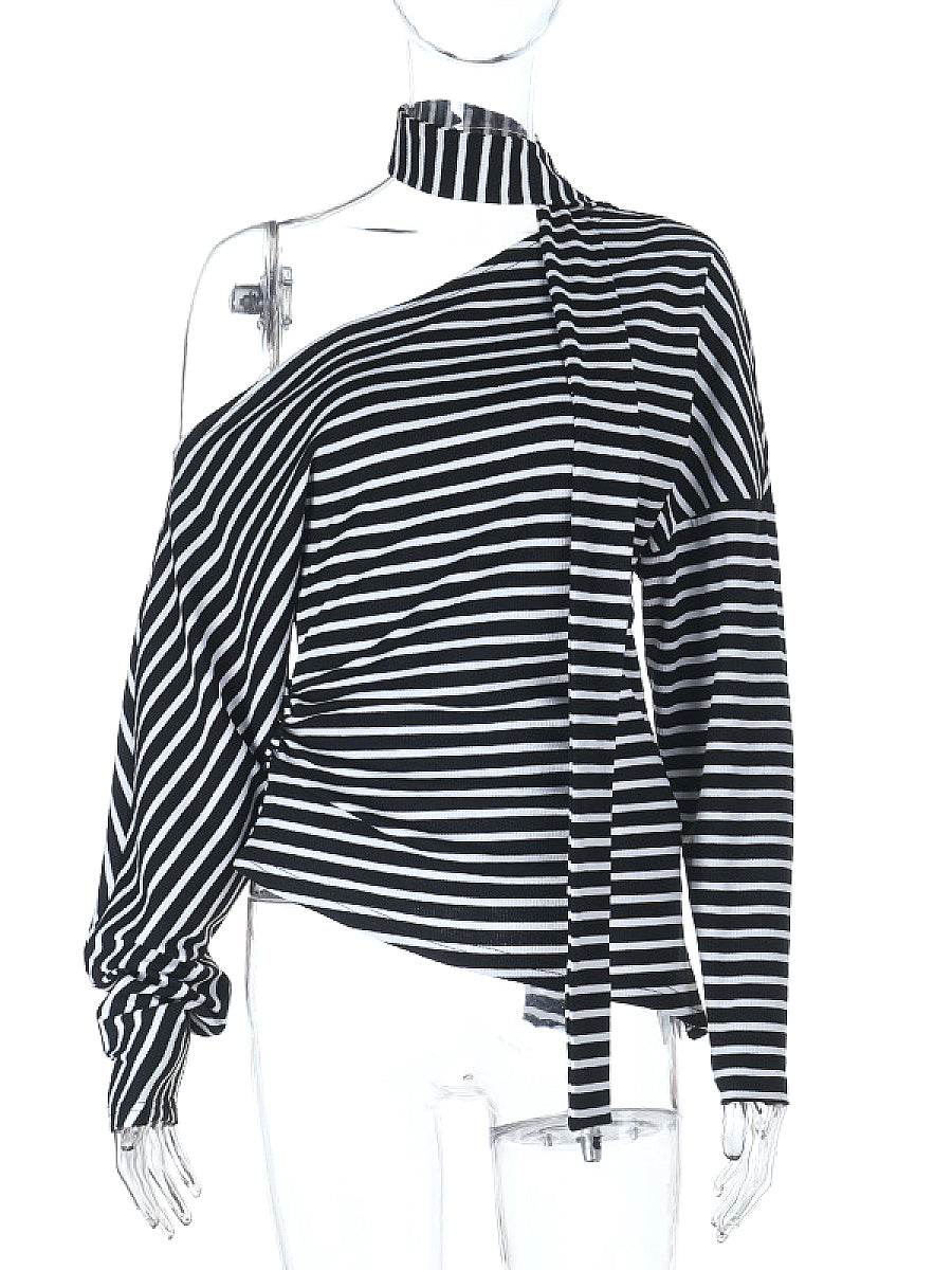 Fashion Striped Asymmetrical Long Sleeve T-Shirt