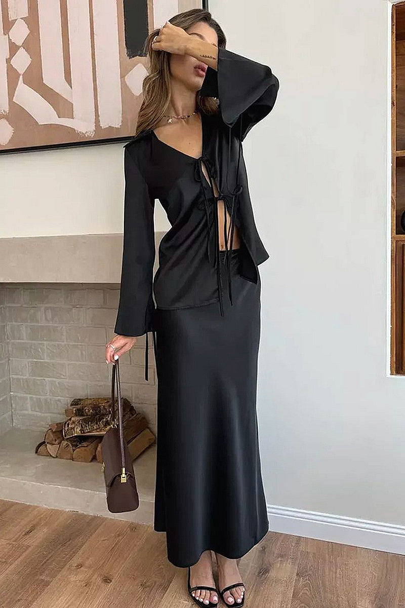 Elegant V-Neck Tie Top and Long Skirt Set