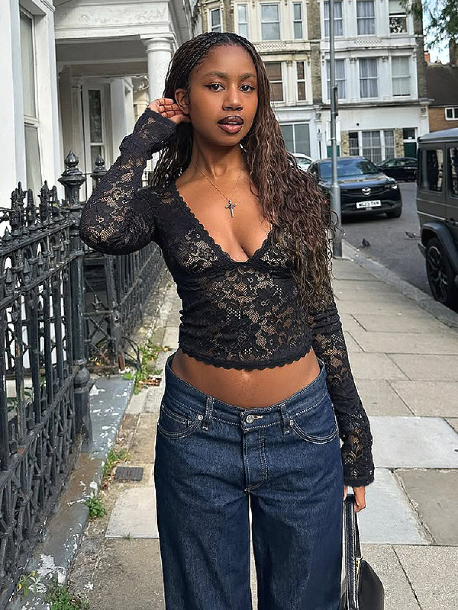 Chic Lace V-Neck Sheer Top for Fall
