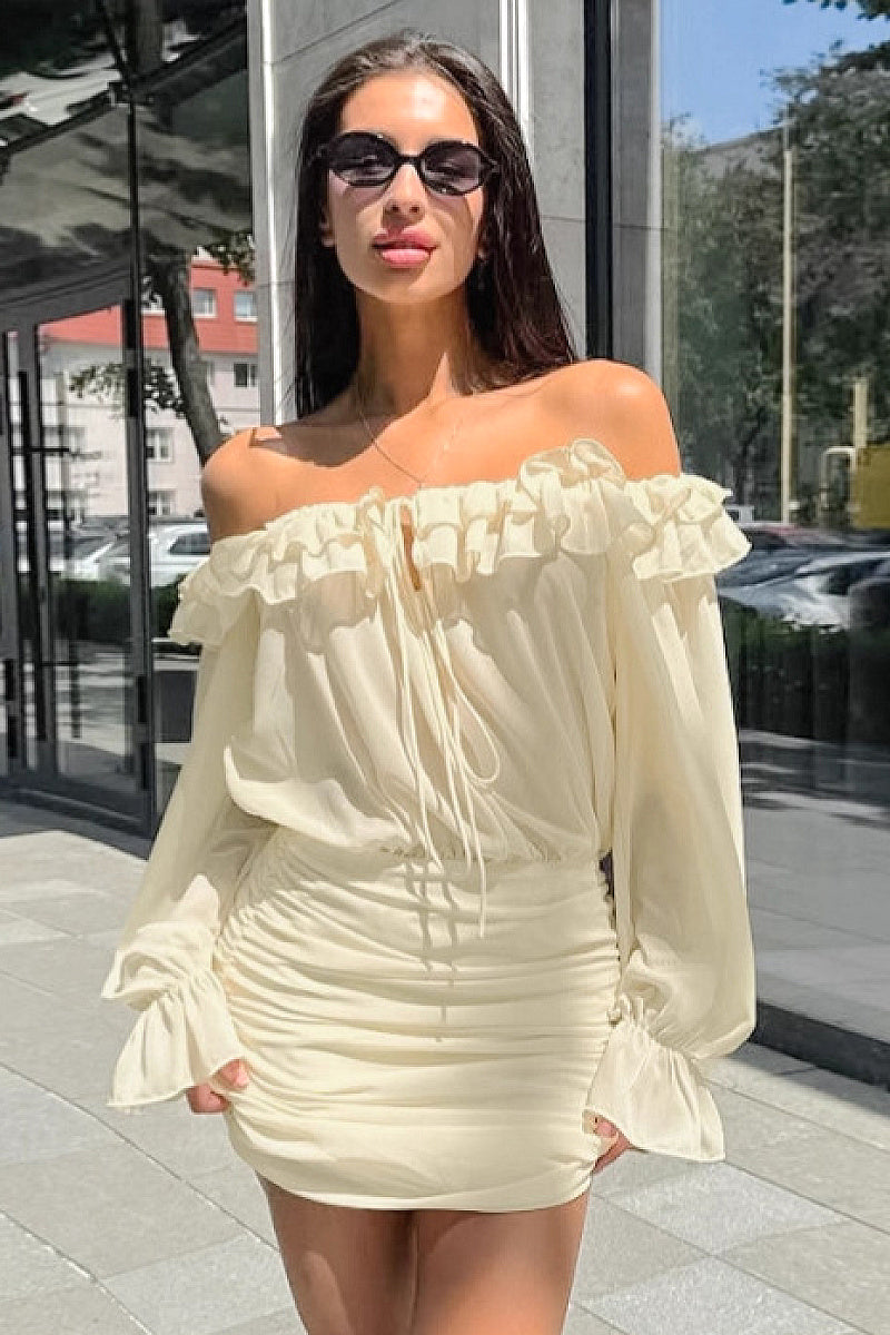 French Style Ruffled Dress in Apricot