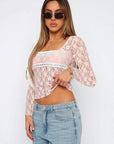 Sweet Pink Lace Pullover Top with Square Neck