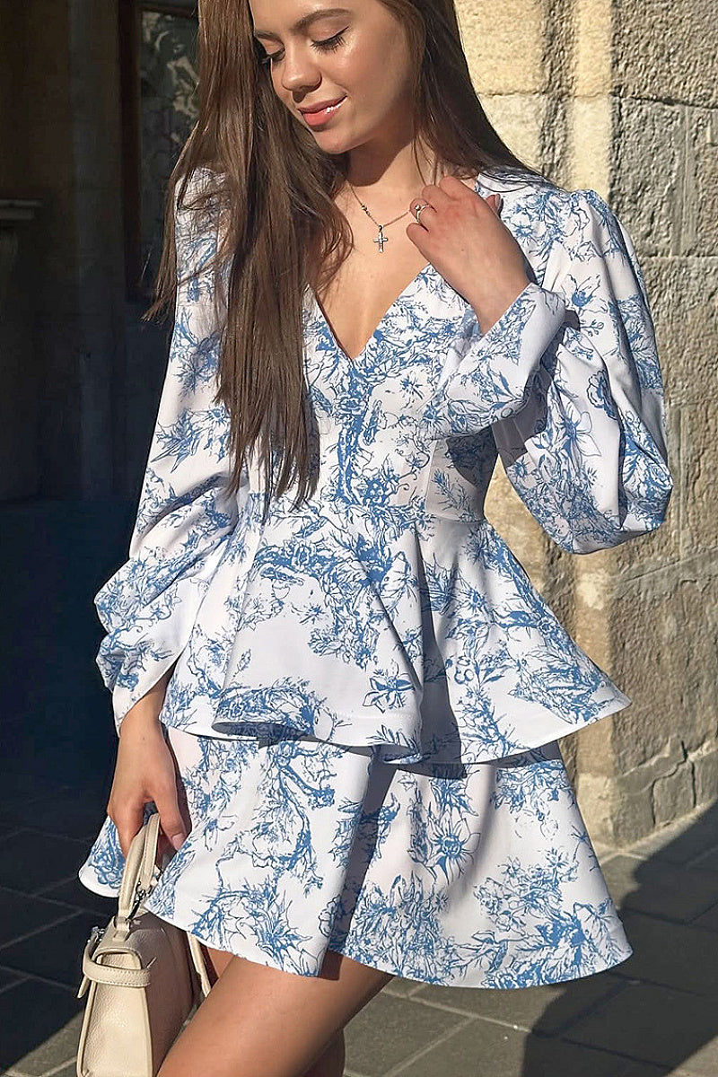 Elegant V-Neck Floral Long Sleeve Dress