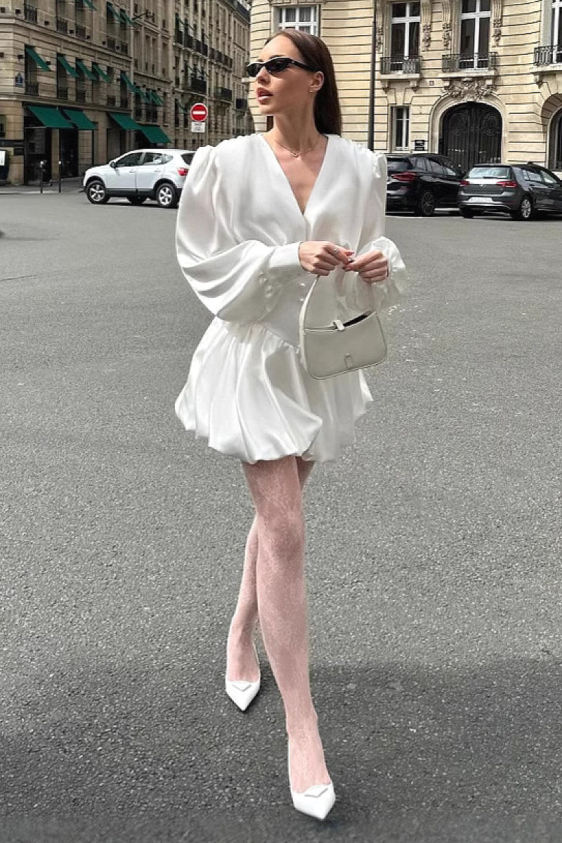 Elegant Vintage Autumn White V-Neck Lantern Sleeve Dress