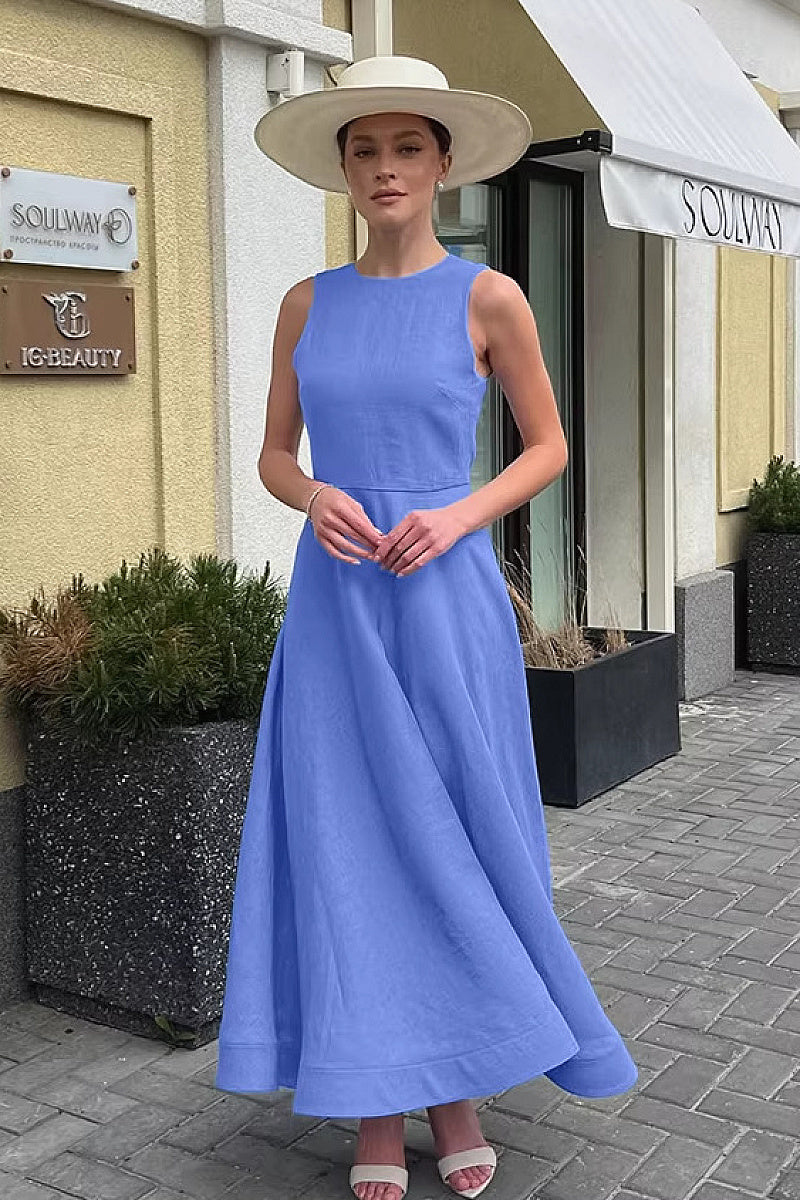 French Style Blue Round Neck Cotton Linen Dress
