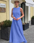 French Style Blue Round Neck Cotton Linen Dress