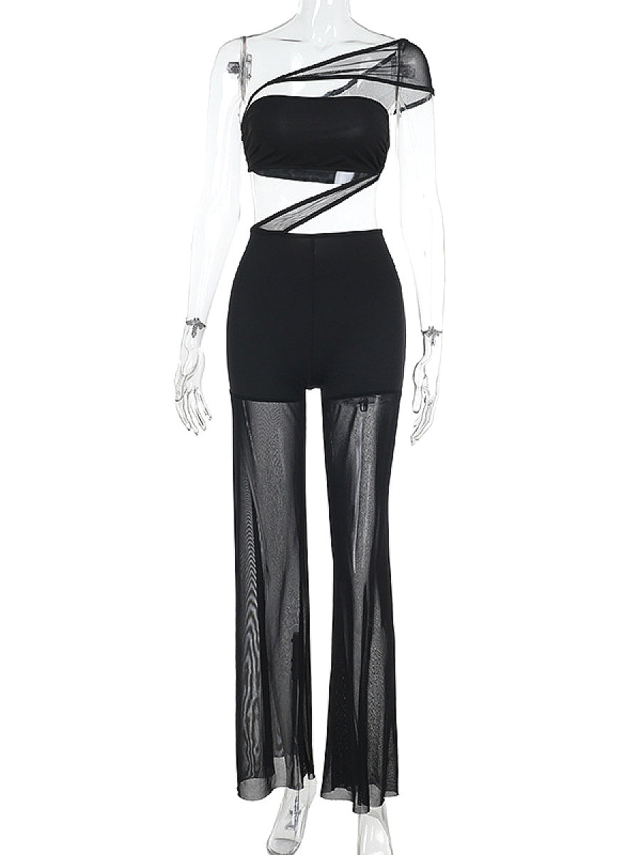 Sexy Sheer Mesh Strapless Wide Leg Jumpsuit