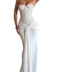 Elegant Strapless Long Dress with Waist Tie