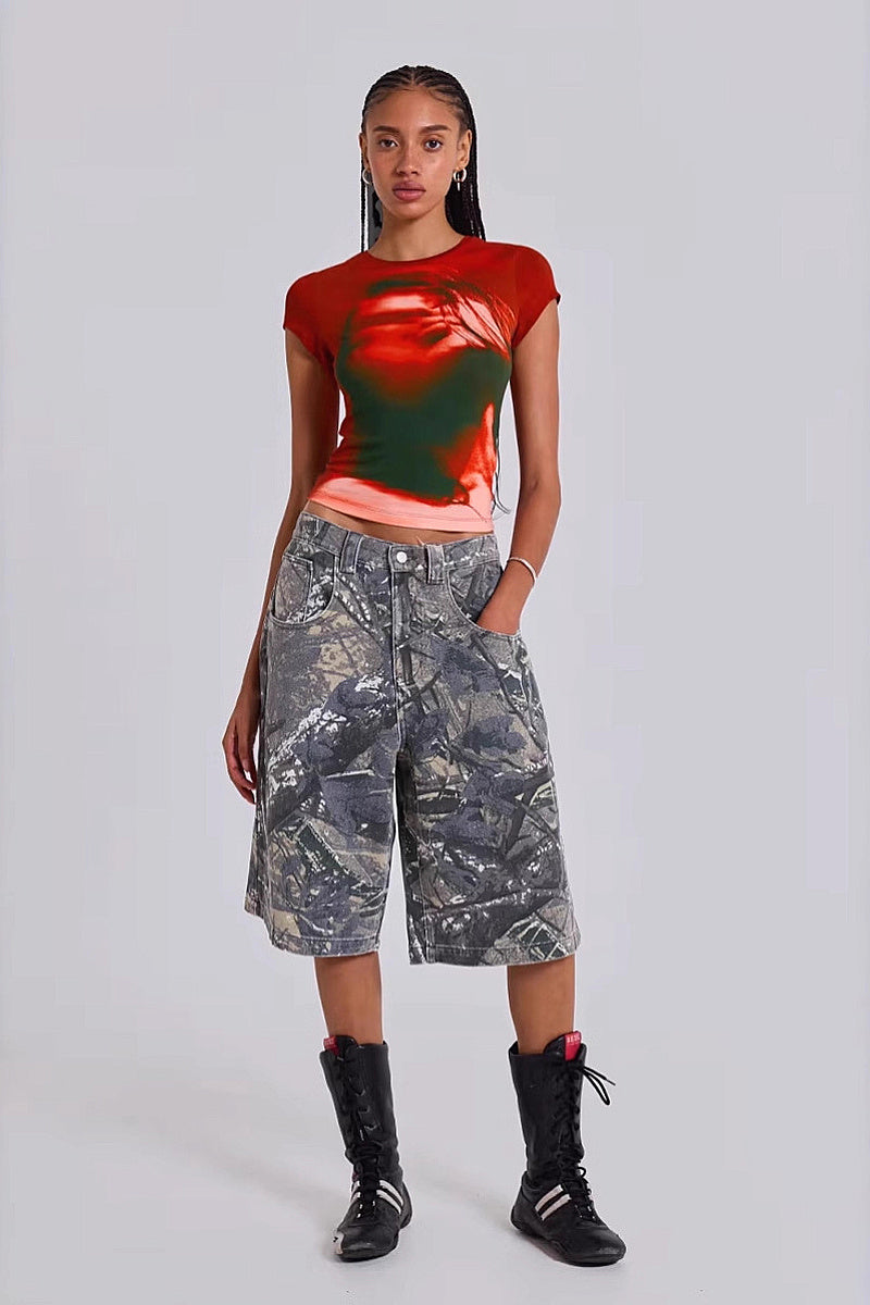 Retro Street Style Camouflage Print Loose Jeans