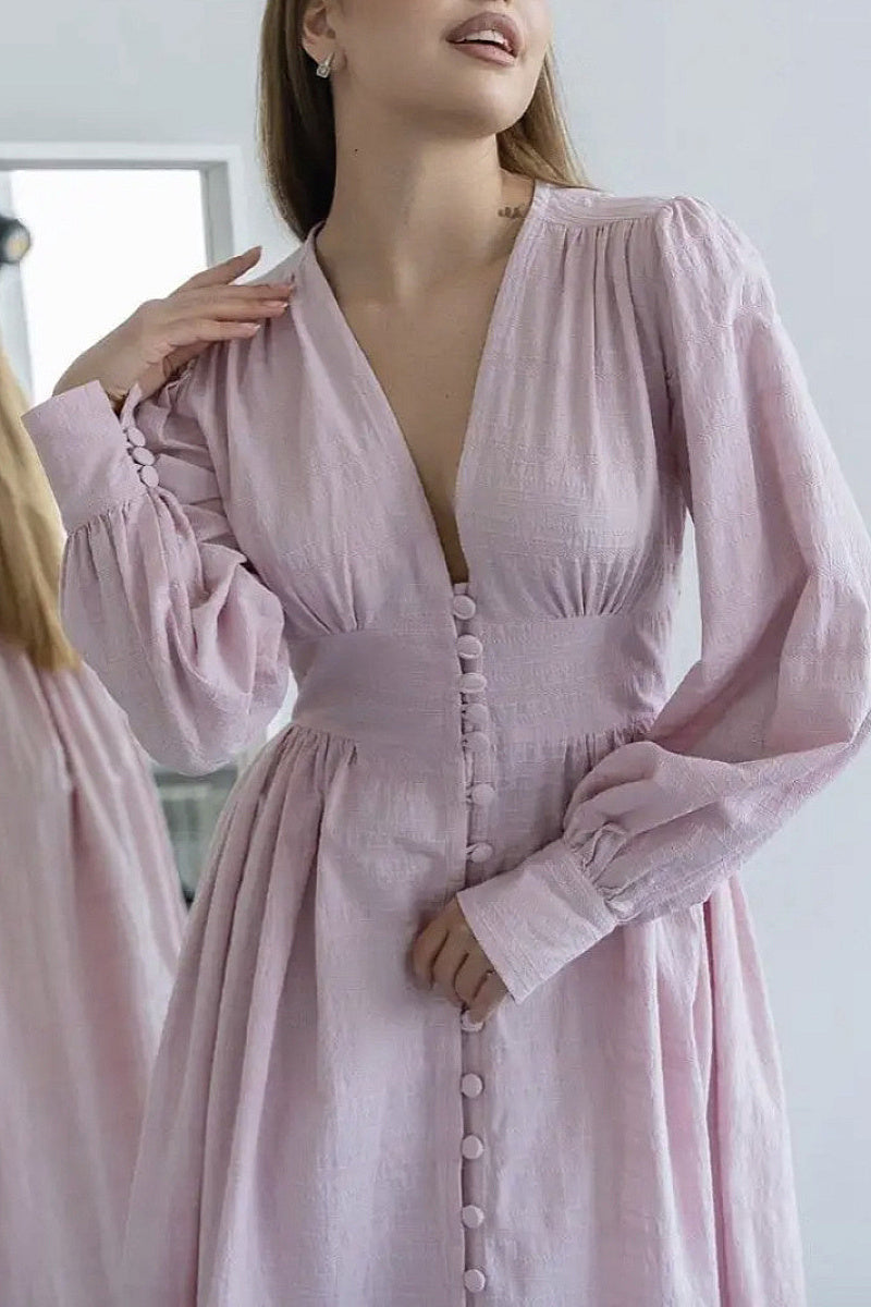 Elegant V-Neck Lantern Sleeve Dress