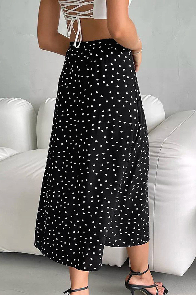 French Vintage Black Polka Dot Midi Skirt