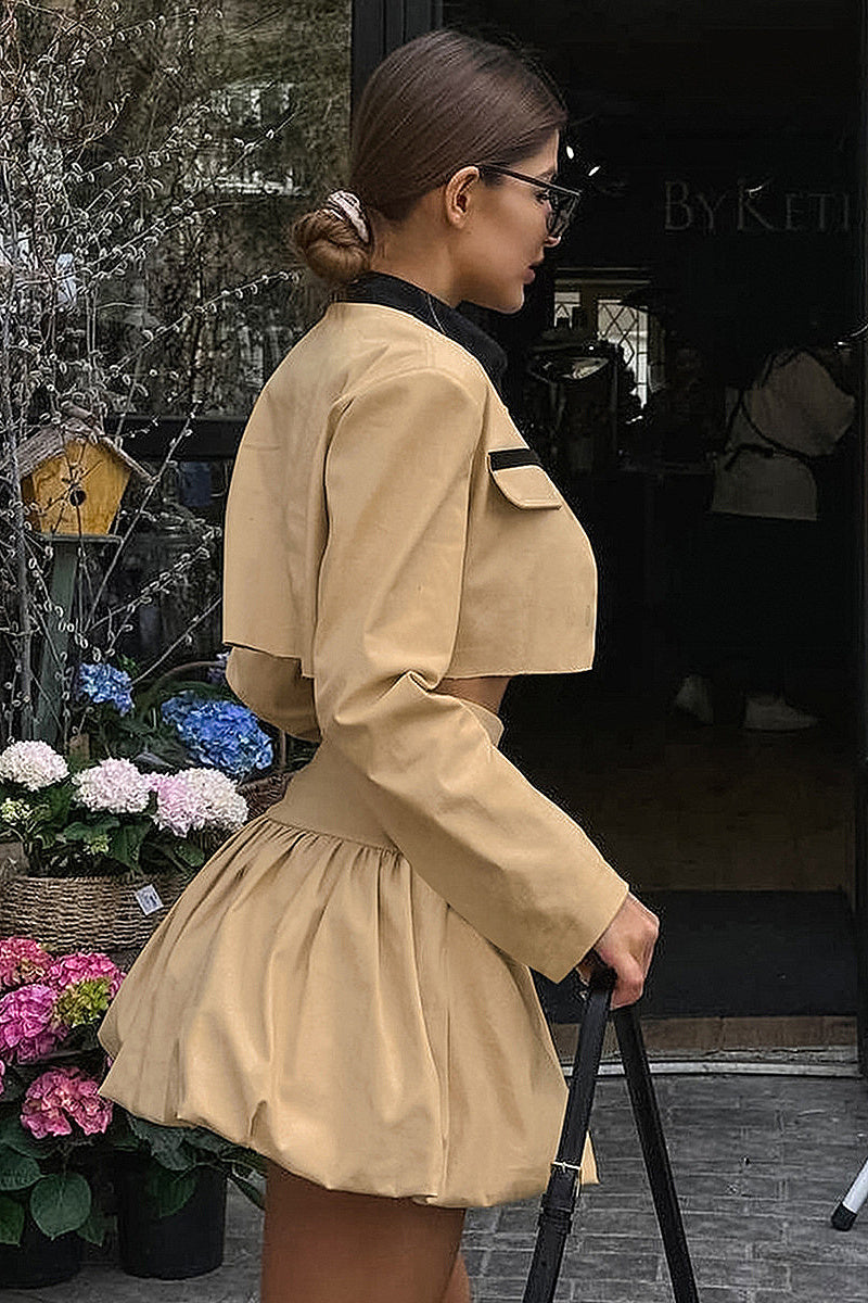 Chic Khaki Two-Piece Suit with Skirt and Jacket