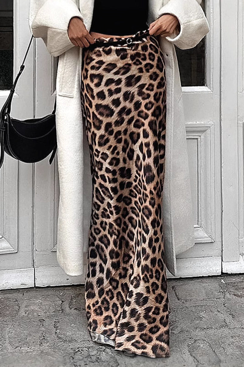 Elegant Satin Leopard Print Midi Skirt