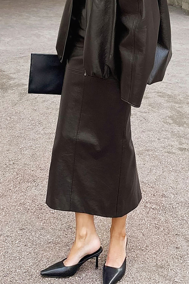 Elegant PU Leather Midi Skirt with Slit