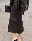 Elegant PU Leather Midi Skirt with Slit