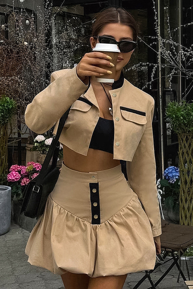 Chic Khaki Two-Piece Suit with Skirt and Jacket