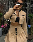 Chic Khaki Two-Piece Suit with Skirt and Jacket