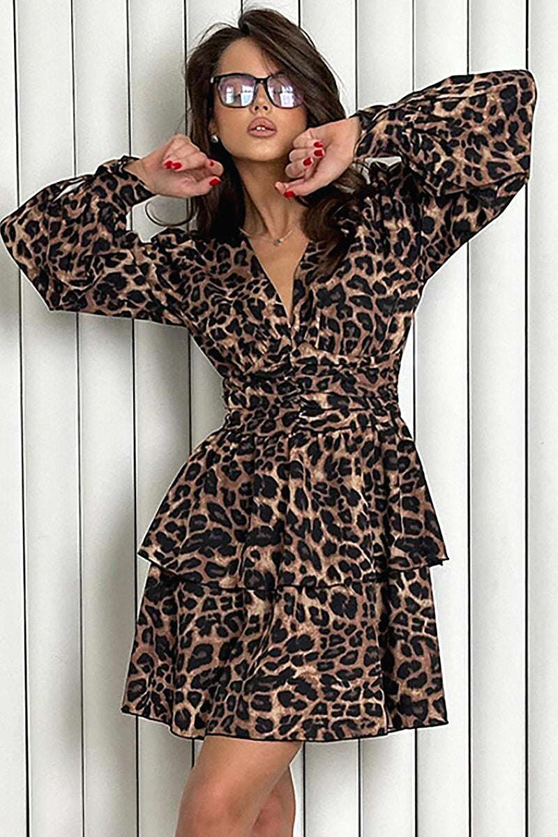 European Style Leopard Print Ruffled Dress