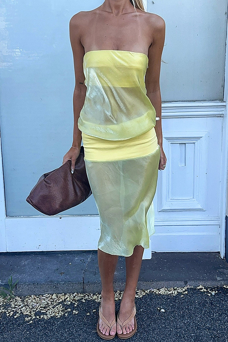 French Color Block Strapless Midi Dress