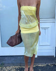 French Color Block Strapless Midi Dress