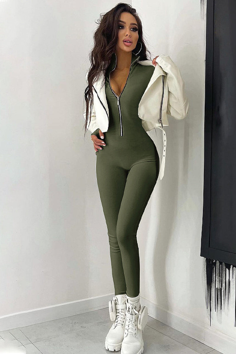 Casual Zipper Stand Collar Jumpsuit for Women
