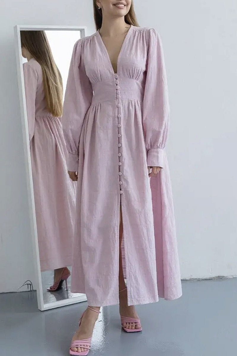 Elegant V-Neck Lantern Sleeve Dress