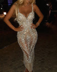 2026 New European and American Style Deep V Long Sleeve Sequin Dress