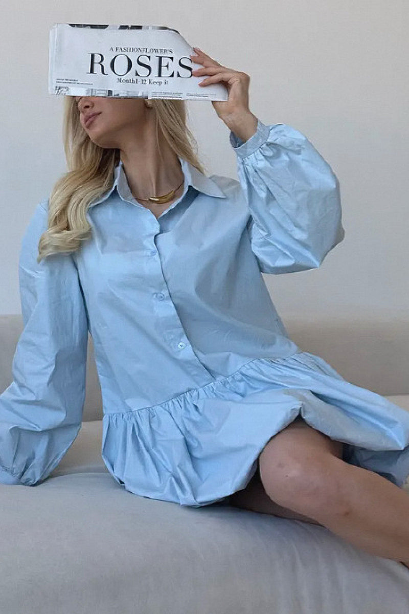 Sweet Puff Sleeve Buttoned A-Line Dress
