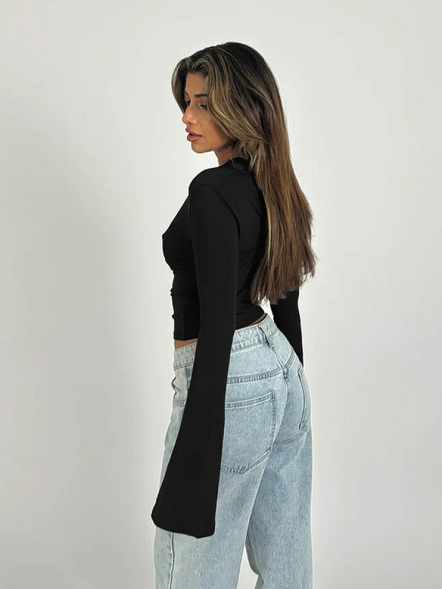 Sexy Lace Trim Deep V Neck Long Sleeve Top