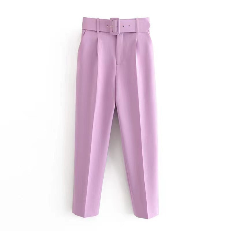 Casual High Waist Straight Leg Pants with Belt