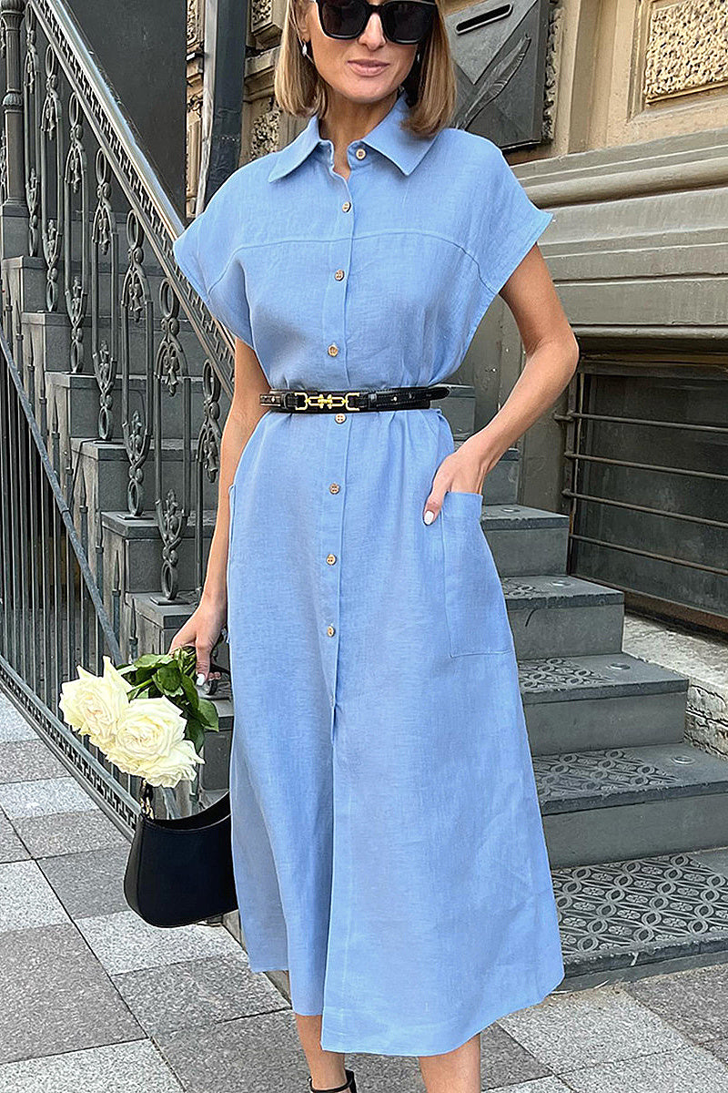 French Style High Waist Blue Cotton Linen Dress