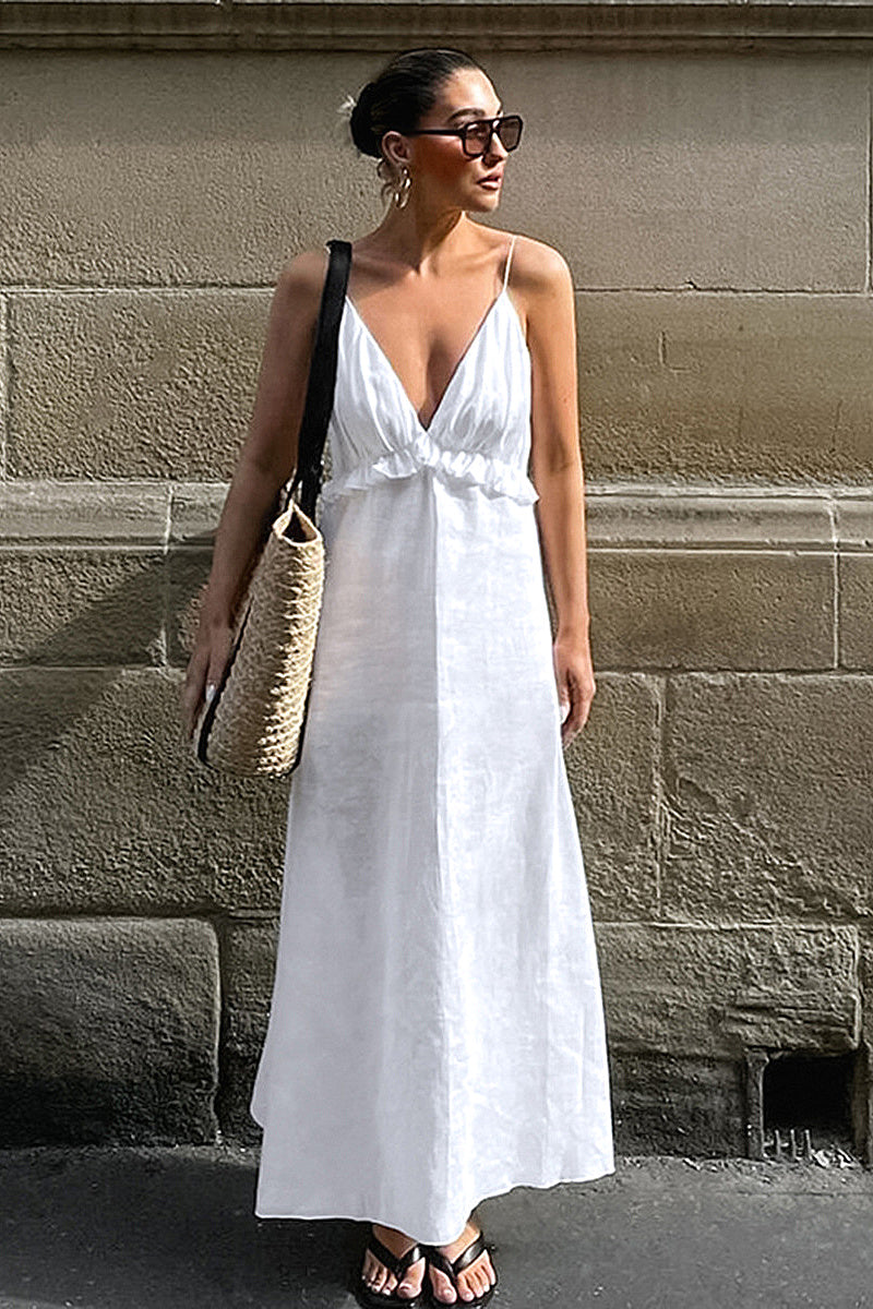 Elegant White Deep V-Neck Dress for Women