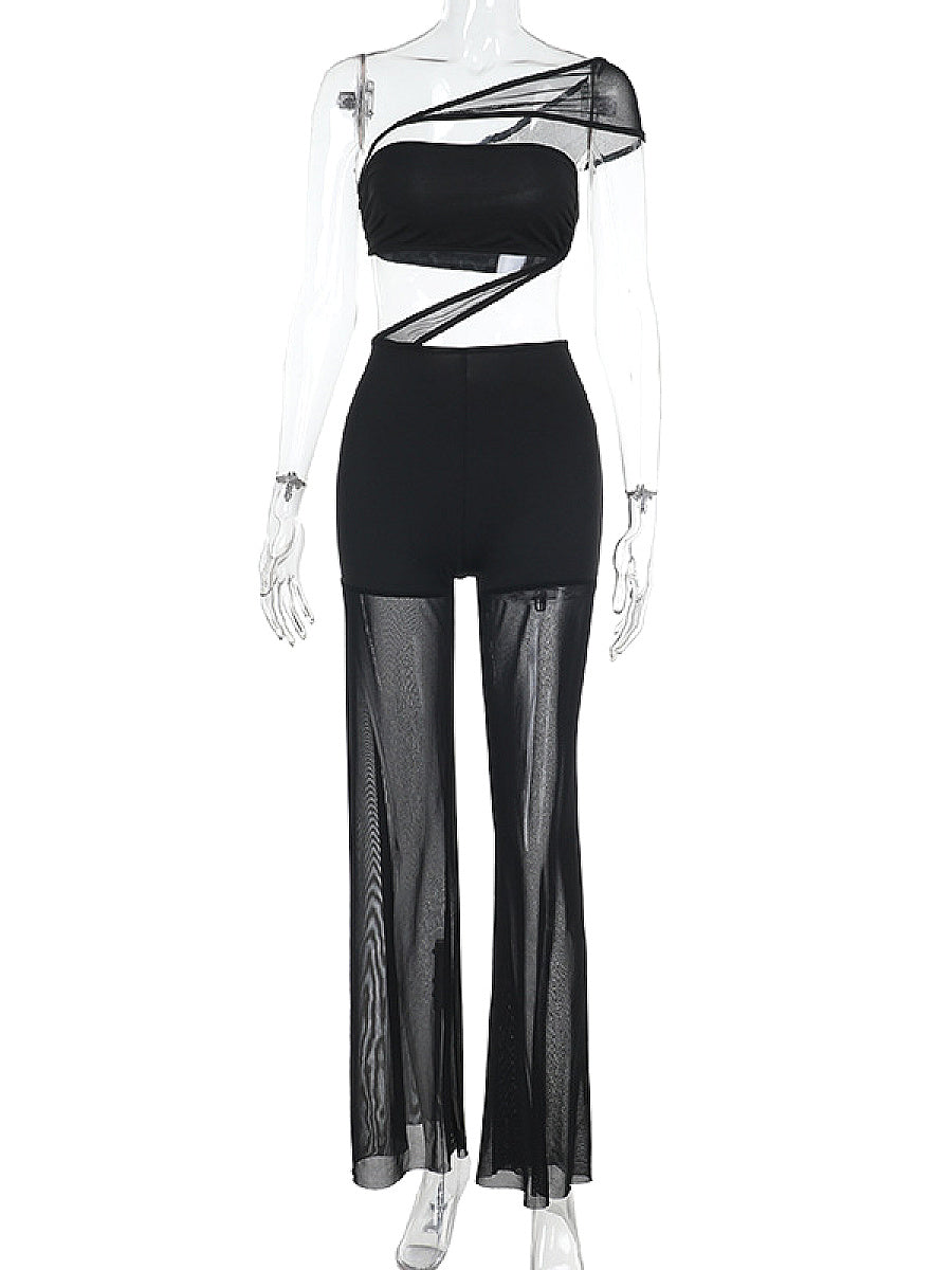 Sexy Sheer Mesh Strapless Wide Leg Jumpsuit
