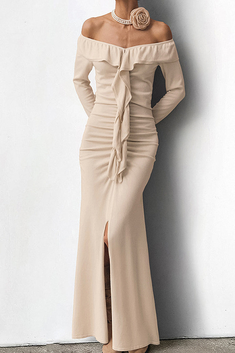 Elegant Off-Shoulder Split Dress with Ruffle Hem