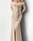 Elegant Off-Shoulder Split Dress with Ruffle Hem