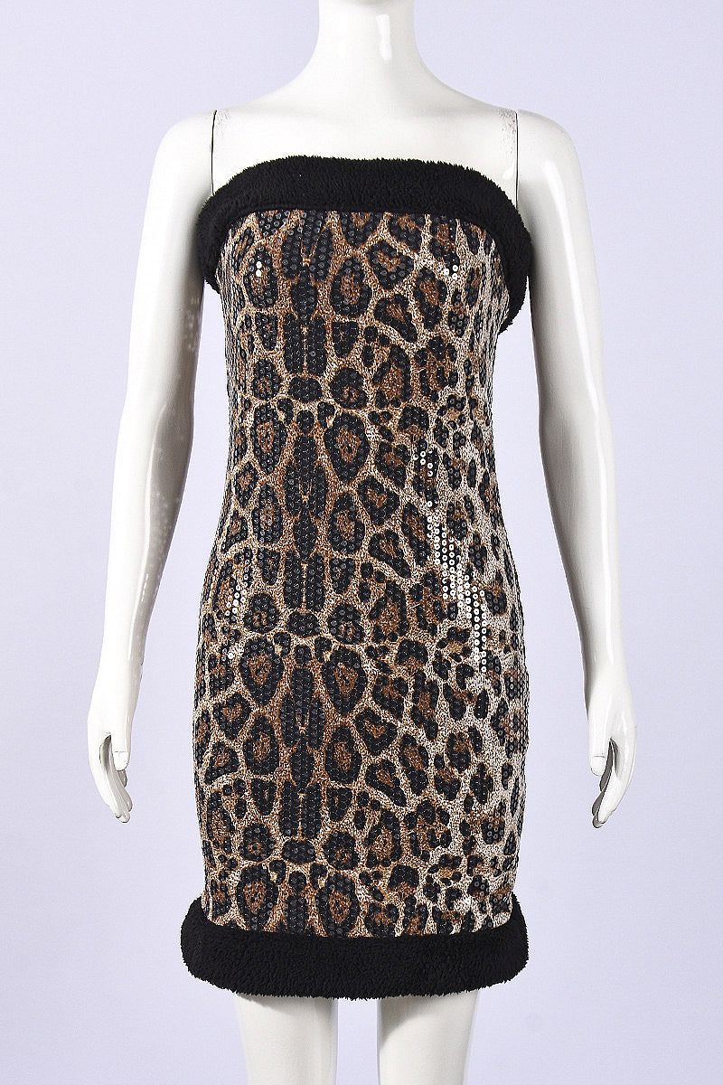 Chic Strapless Leopard Sequin Dress