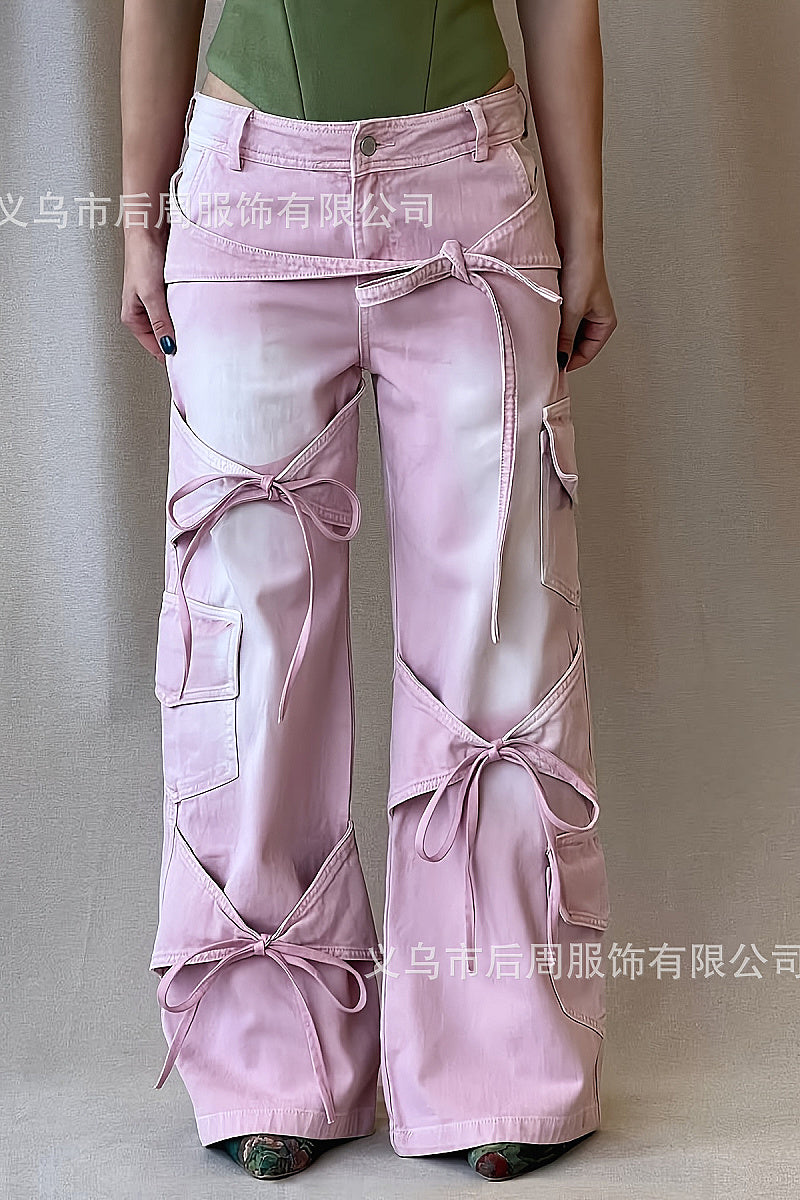 Y2K Style Bow Tie Denim Straight Leg Pants