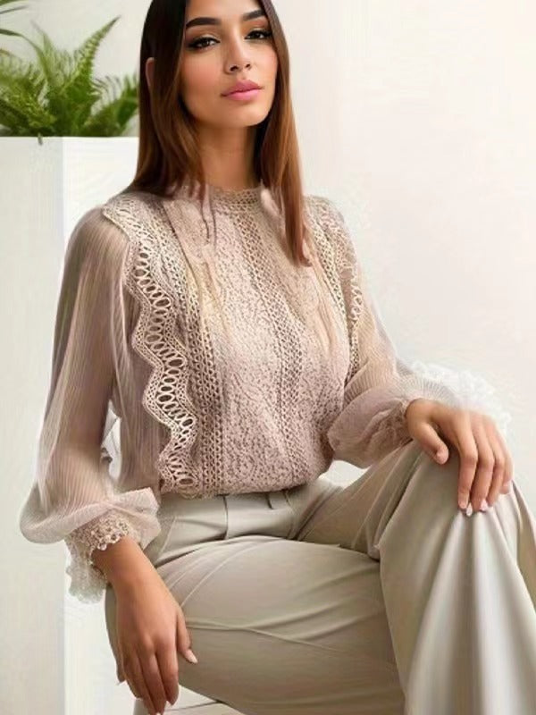 Elegant Solid Color Long Sleeve Puff Sleeve Top