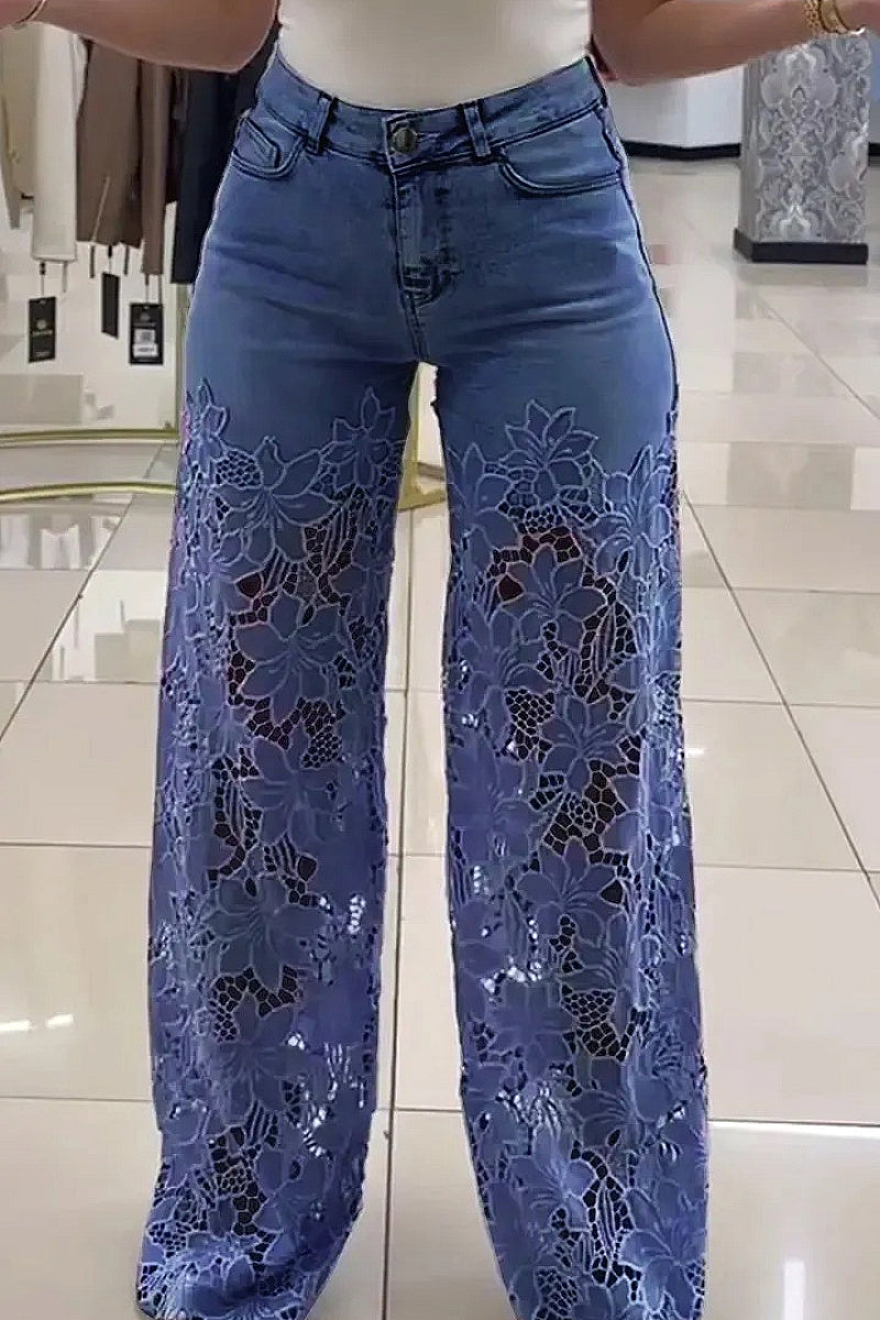 High Waist Lace Inset Straight Leg Jeans