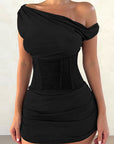 Sexy Lace Bodycon Mini Dress with Asymmetrical Shoulder