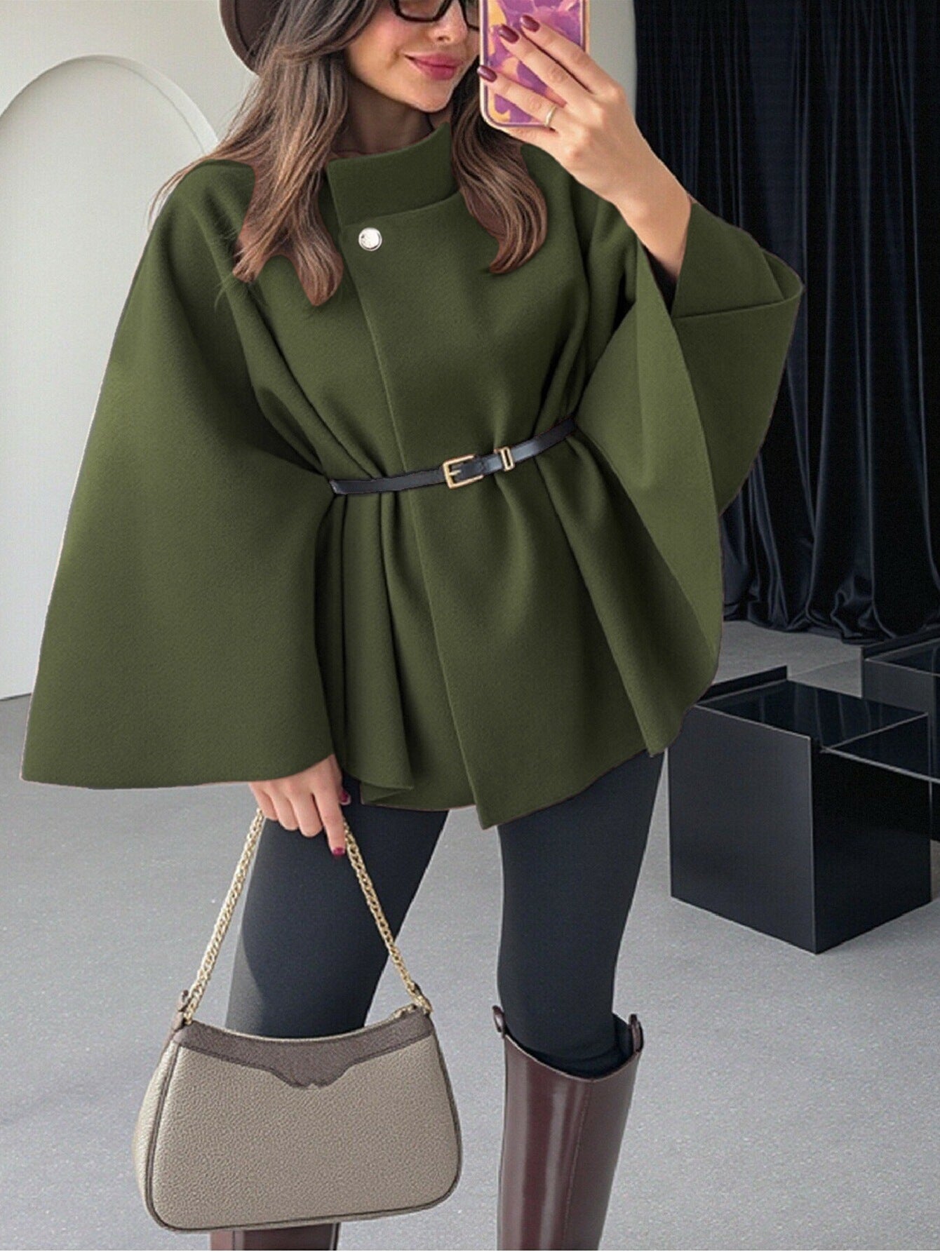 Elegant Winter Women's Cape Coat with Waist Tie