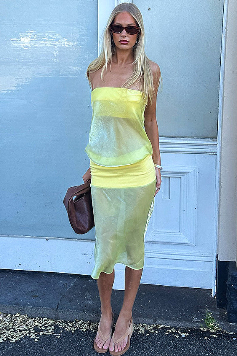 French Color Block Strapless Midi Dress